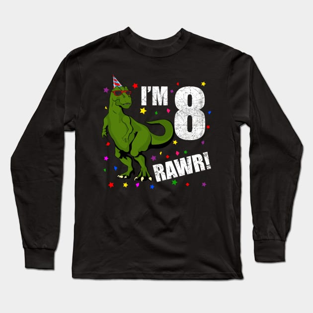 Bday Kids 8 Years Old Dinosaur Birthday Long Sleeve T-Shirt by KawaiiAttack